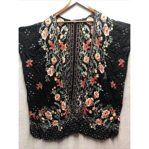 Gypsy Love Size Large Floral Kimono Black Peach Open Front Boho Festival Layer